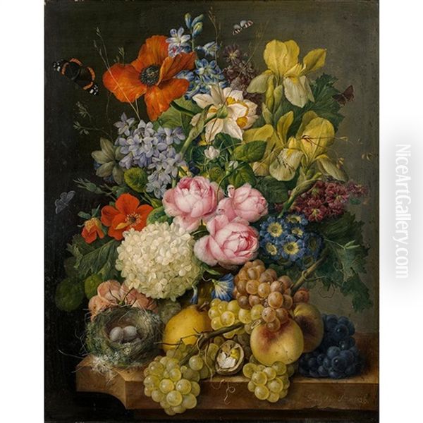 Bouquet Of Flowers : Roses, Irises, Hortensias, Poppies, Black Grapes, Peaches, Pairs, Butterflies And A Nest Oil Painting by Franz Xaver Petter