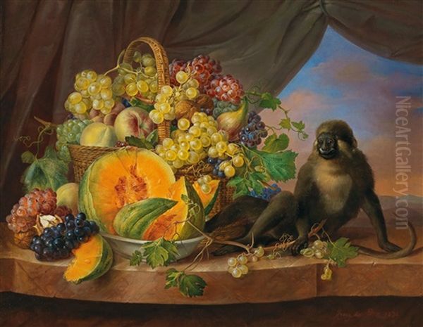 Still Life With Basket Of Fruit Filled With Grapes Oil Painting by Franz Xaver Petter