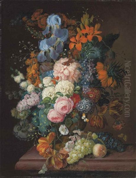 Roses, Peonies, Irises, Violets, And Other Blooms In A Terracotta Urn, And Grapes, Blackcurrants And A Peach On A Table Oil Painting by Franz Xaver Petter