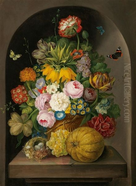 A Still Life Of Flowers With Fruits And A Bird Nest Oil Painting by Franz Xaver Petter