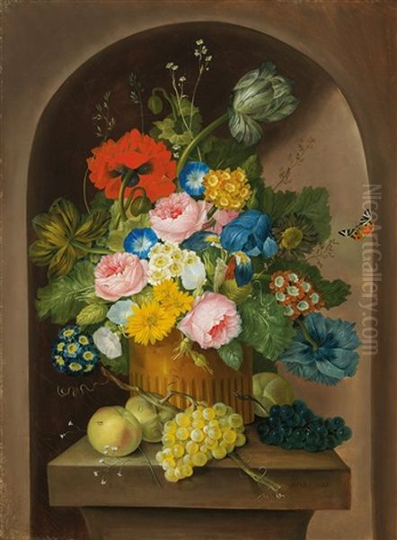 A Floral Still Life With Grapes And Apples Oil Painting by Franz Xaver Petter