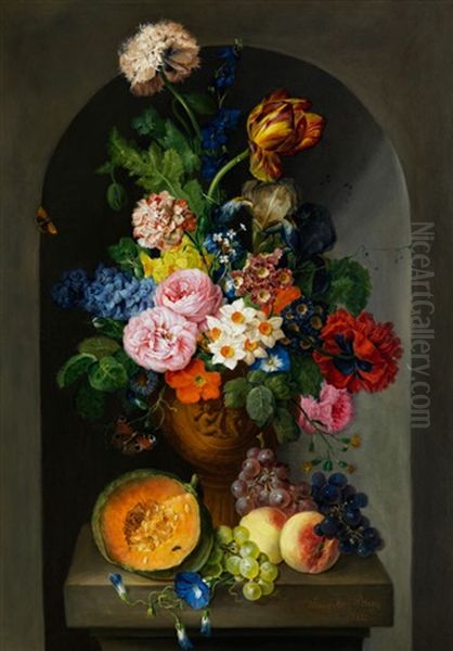 Blumenstillleben Mit Melone Und Fruchten Oil Painting by Franz Xaver Petter