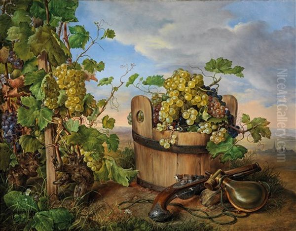 Large Still Life With Grapes, Flintlock Pistol And Powder Flask, A Church In The Background Oil Painting by Franz Xaver Petter