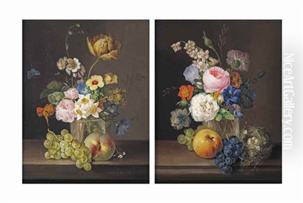 A Tulip, Roses, Daffodils, Morning Glory And Other Flowers In A Glass Vase, With White Grapes, A Peach And A Butterfly (+ Another, Similar; Pair) Oil Painting by Franz Xaver Petter