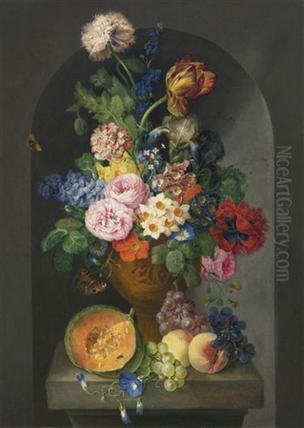 A Bronze Urn Of Flowers, With A Melon, Peaches And Grapes, A Butterfly And A Caterpillar Oil Painting by Franz Xaver Petter