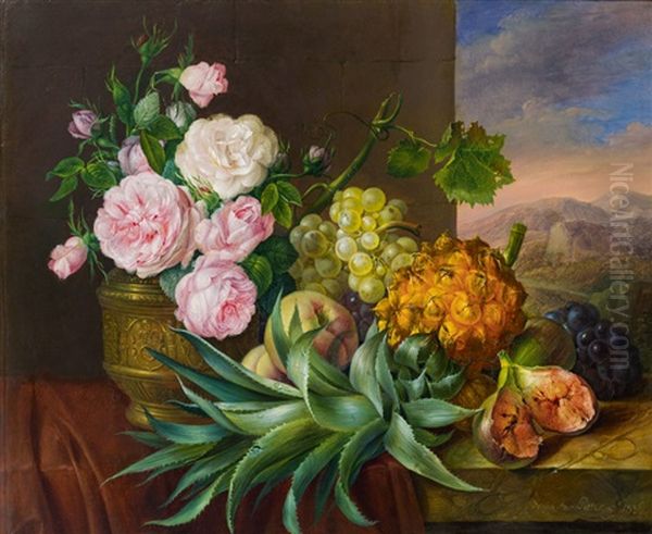 Stillleben Mit Rosen, Trauben, Feigen Und Ananas Oil Painting by Franz Xaver Petter