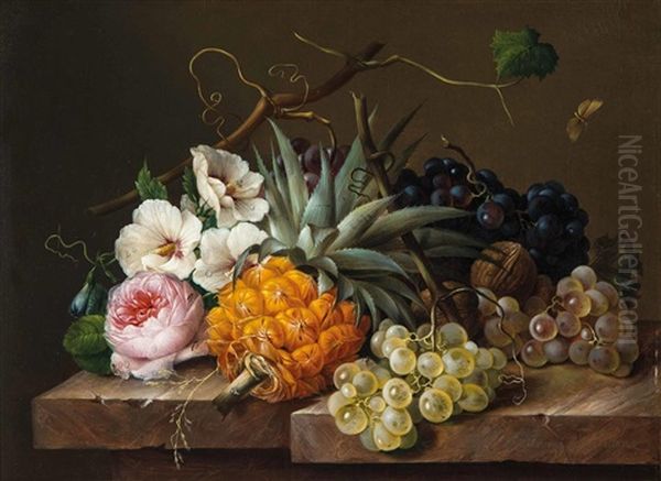 Blumen- Und Fruchtestillleben Mit Ananas, Weintrauben Oil Painting by Franz Xaver Petter