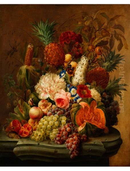 Grosses Blumenstilleben Mit Ananas, Kurbis, Mais Und Obst Oil Painting by Franz Xaver Petter