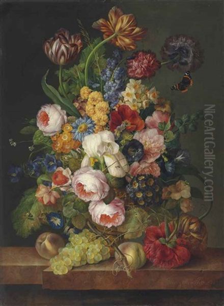 Roses, Parrot Tulips, An Iris, Daffodils, Peonies, Morning-glory And Other Flowers With A Red Admiral, A Bee And Other Insects In A Sculpted Urn With Peaches And Grapes On A Marble Ledge Oil Painting by Franz Xaver Petter