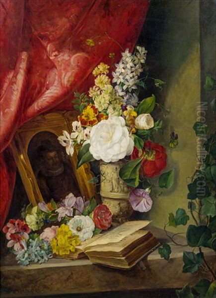 Stillleben Mit Blumen Und Buch Oil Painting by Franz Xaver Petter