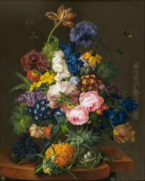 Bouquet De Fleurs, Ananas Et Nid Sur Un Entablement Oil Painting by Franz Xaver Petter