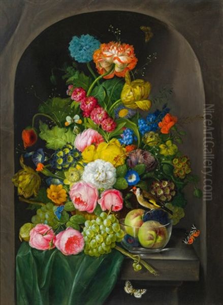 Groses Blumenstuck Mit Fruchten Und Stieglitz Oil Painting by Franz Xaver Petter