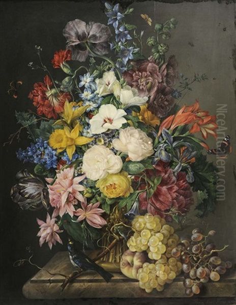 Still Life, With Spring And Summer Flowers, A Songbird And Fruit Oil Painting by Franz Xaver Petter