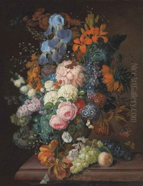 Roses, Peonies, Irises, Violets, And Other Blooms In A Terracotta Urn, And Grapes, Blackcurrants And A Peach On A Table Oil Painting by Franz Xaver Petter