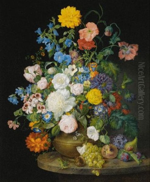 A Vase Of Camellias, Geraniums, Dahlias, A White Peony, Roses, Poppies And Other Flowers, With Fruit On A Stone Ledge Oil Painting by Franz Xaver Petter