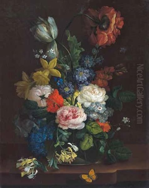 Reich Dekoriertes Blumenstillleben Mit Insekten, Rosen, Tulpen Und Nelken Oil Painting by Franz Xaver Petter