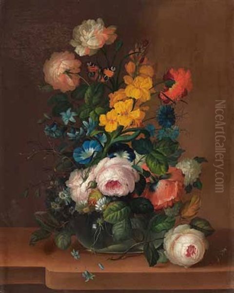 Reich Dekoriertes Blumenstillleben Mit Insekten, Rosen, Nelken Und Kornblumen Oil Painting by Franz Xaver Petter