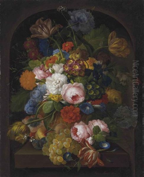 A Still-life Of Flowers With Grapes, Peaches And Plums On A Stone Ledge In A Niche Oil Painting by Franz Xaver Petter