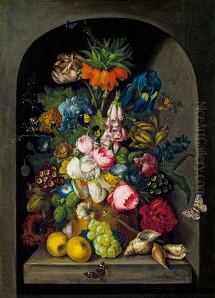 Blumenstillleben Mit Fruchten Und Schneckenhausern Oil Painting by Franz Xaver Petter