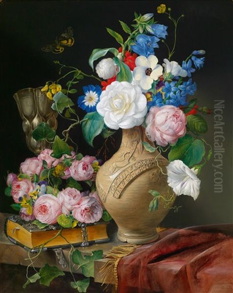 Blumenstillleben Mit Einem Kranz Aus Rosen, Steinkrug Und Pokal Oil Painting by Franz Xaver Petter