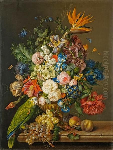 A Still Life Of Roses, Tulips, A Bird Of Paradise, And Other Flowers In An Urn, Beside A Green Parrot, Grapes And Peaches On A Marble Ledge (+ Another; Pair) Oil Painting by Franz Xaver Petter