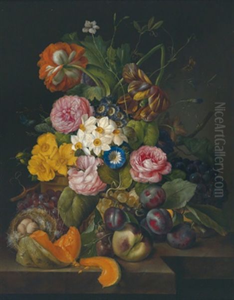 Stillleben Mit Rosen, Narzissen, Tulpen, Vogelnest Und Fruchten by Franz Xaver Petter