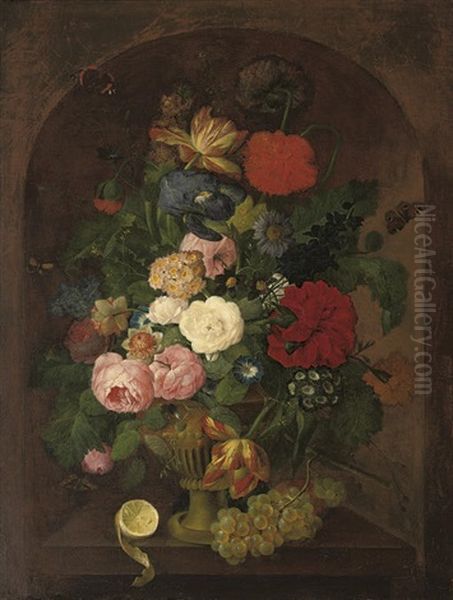 Roses, Poppies, Tulips, Primula, Convolvulus And Other Flowers In An Urn, With A Partly-peeled Lemon And Grapes Oil Painting by Franz Xaver Petter