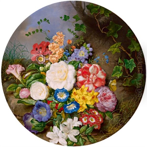 Ein Blumenstuck Am Waldboden Mit Rosen, Wicken, Narzissen, Schlusselblumen Und Schmetterling Oil Painting by Franz Xaver Petter