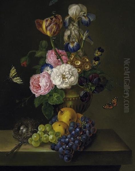 Stilleben Mit Einer Vase Fruhlingsblumen Auf Einer Tischplatte Neben Weintrauben, Apfeln Und Einem Vogelnest by Franz Xaver Petter