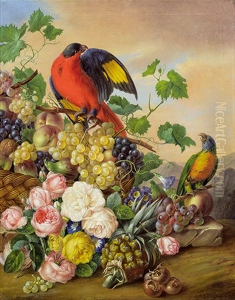 Blumenstillleben Mit Fruchten Und Zwei Papageien Oil Painting by Franz Xaver Petter