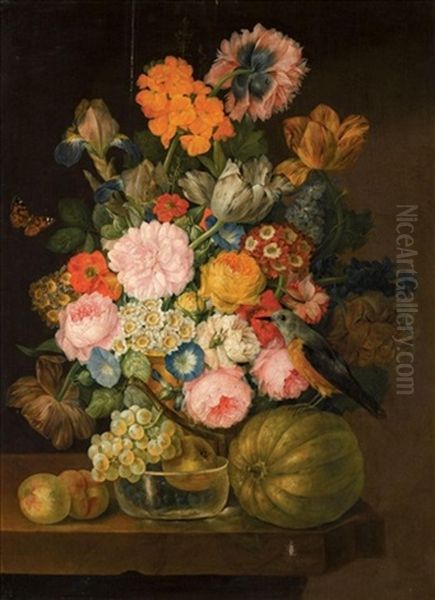 Still Life With Tulips, Primroses, Morning Glory, Roses, Irises And Other Flowers, Together With Various Fruits And A Bird On A Stone Ledge Oil Painting by Franz Xaver Petter