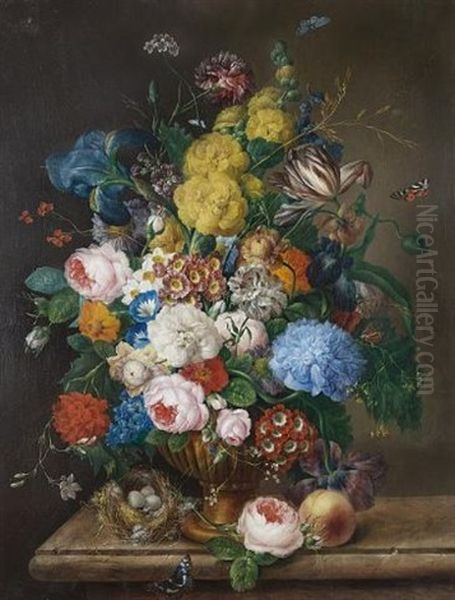 Roses, Irises, Carnations, Tulips And Other Flowers In A Bronze Urn On A Marble Ledge With A Peach And A Bird's Nest Oil Painting by Franz Xaver Petter