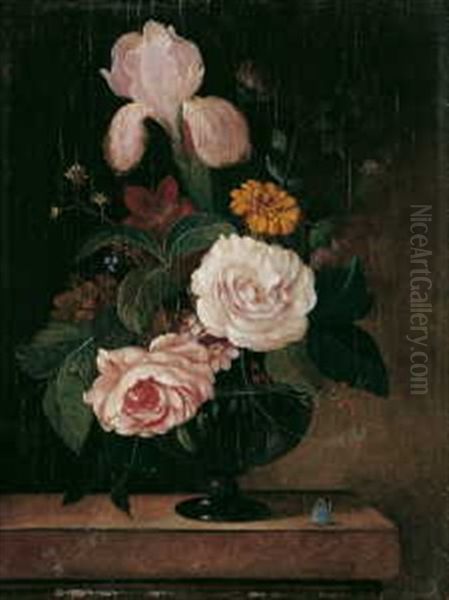 Blumenstilleben. Auf Einem Steintisch Glasvase Mit Rosen, Tulpen Und Lilien Oil Painting by Franz Xaver Petter