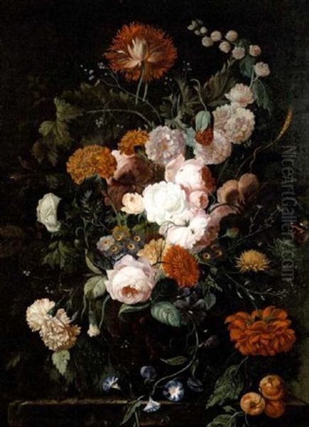 Roses, Chrysanthemums, Poppies, Morning Glory And Other Flowers In A Bronze Urn On A Stone Ledge Oil Painting by Franz Xaver Petter