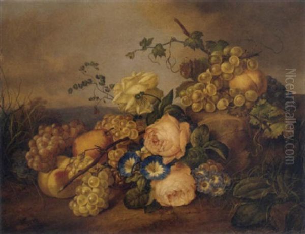 Grapes, Peaches And A Pear With Roses And Other Summer Flowers Oil Painting by Franz Xaver Petter