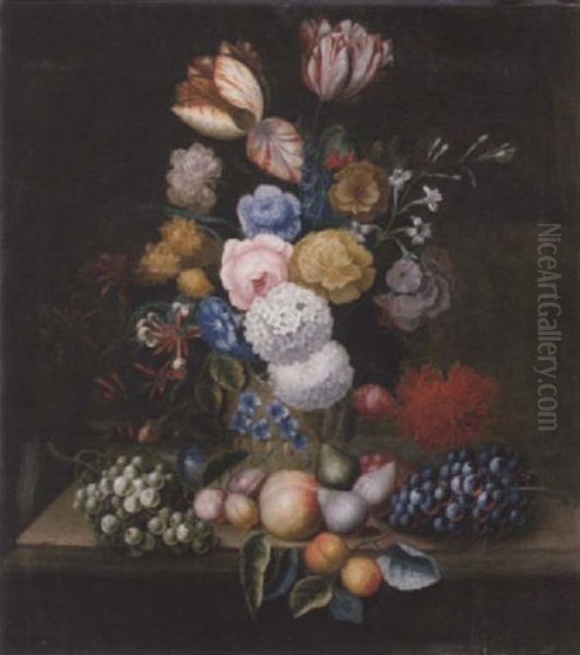 Tulips, Carnations, Peonies, Morning Glory And Other Flowers In A Vase, With Grapes, Plums, A Peach And Figs On A Ledge Oil Painting by Franz Xaver Petter