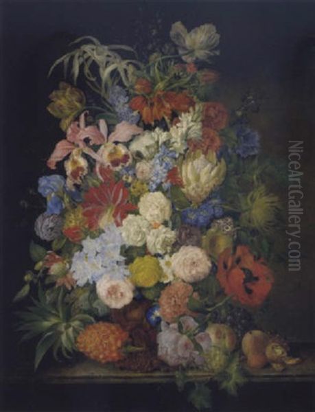 Groses Blumenstuck Mit Rosen, Tulpen, Iris, Kaiserkrone, Protea, Stiefmutterchen, Narzissen, Mohn, Wicken, Pfingstrosen, Ananas, Pfirsichen, Weintrauben Und Nussen Oil Painting by Franz Xaver Petter