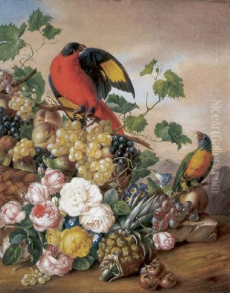 Groses Blumenstilleben Mit Zwei Papageien Oil Painting by Franz Xaver Petter