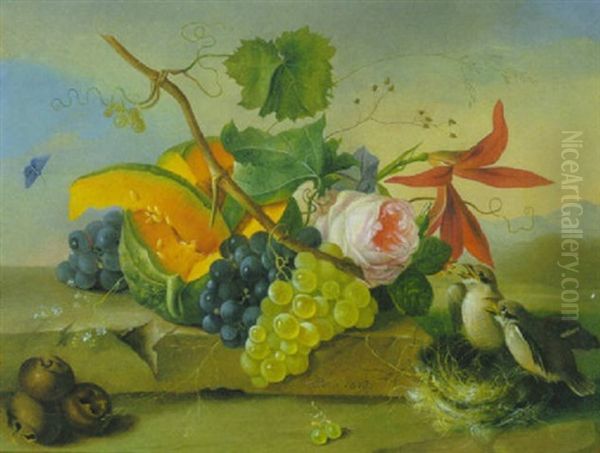 Blumen- Und Fruchtestilleben Mit Vogelnest, Zwei Vogeln Und Haselnussen Vorn Oil Painting by Franz Xaver Petter