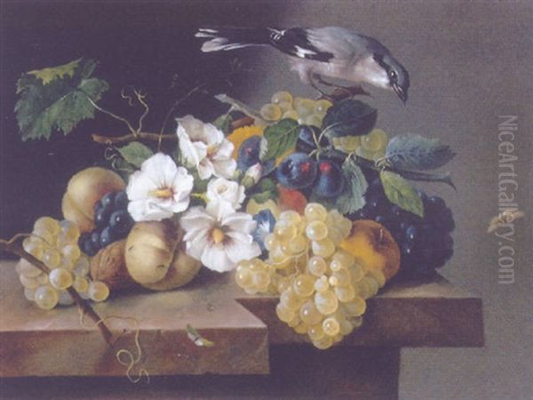 Blumen Und Fruchtestilleben Mit Einem Vogel Oil Painting by Franz Xaver Petter