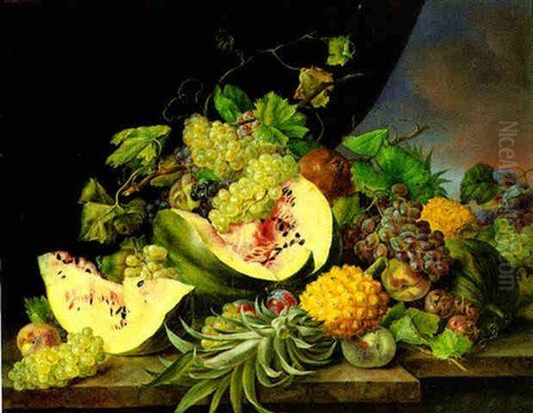 An Exotic Still Life With Pineapples, Melons, Medlars, Grapes, Plums And A Pomegranate On A Marble Table Oil Painting by Franz Xaver Petter