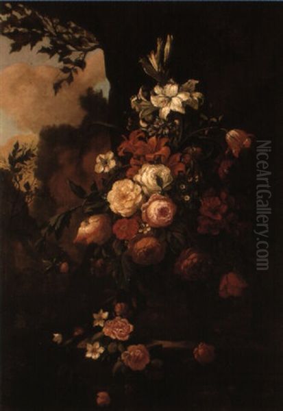 Roses And Other Flowers In An Urn On A Ledge By An Outcrop Oil Painting by Franz Xaver Petter