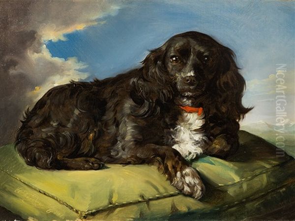 Spaniel On Green Cushion Oil Painting by Theodor Petter