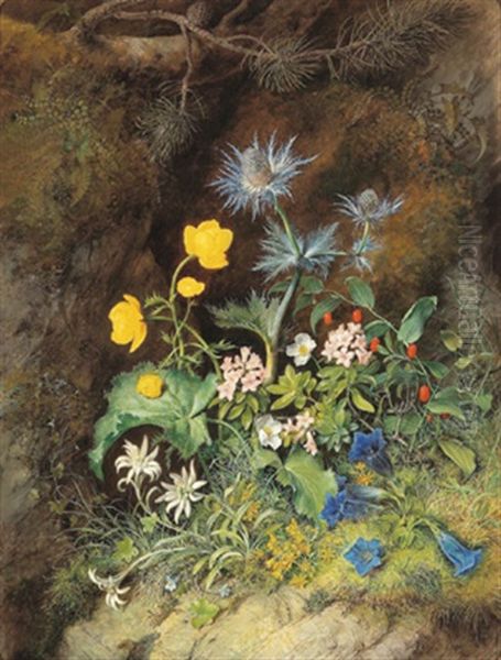 Stilleben Mit Alpenblumen; Edelweis,trollblume, Streifenfarn, Latsche, Alpen-mannestreu, Almrausch,weiser Alpenmohn Und Knotenfus Oil Painting by Theodor Petter