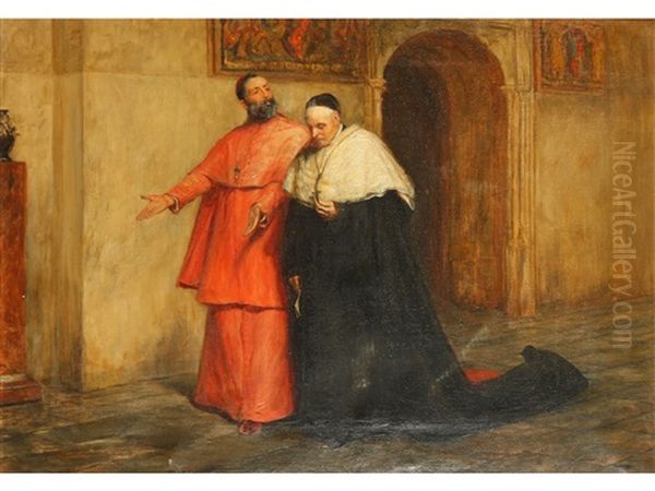 A Cardinal And Another Religious Discoursing In A Cloister Oil Painting by John Pettie