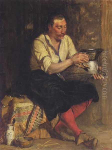 A Soldier Polishing His Breastplate Oil Painting by John Pettie