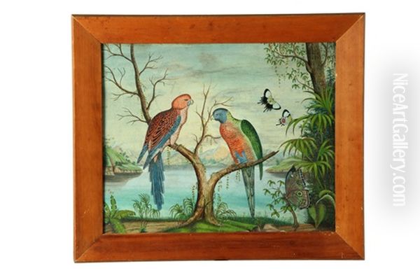 Parrots And Butterflies Near A Lake Oil Painting by Alfred Pettingill