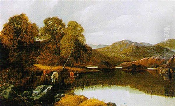 Cattle Watering At The Edge Of A Lake Oil Painting by Edwin Alfred Pettitt