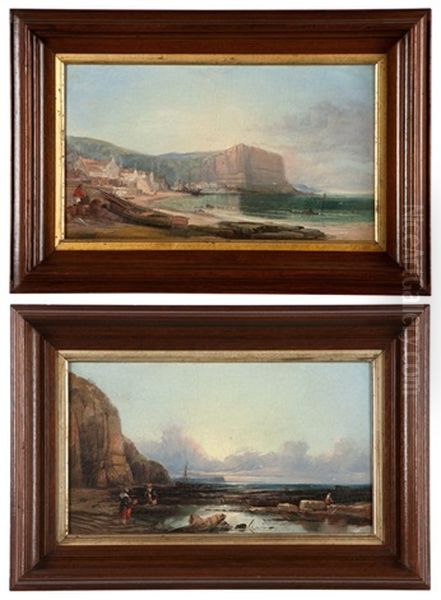 Coastal Fisherman And Coastal Town With Shore (2 Works) Oil Painting by George Pettitt