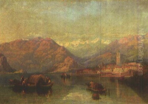 Stadt Am Bergsee Mit Booten Und Reicher Personenstaffage Oil Painting by George Pettitt